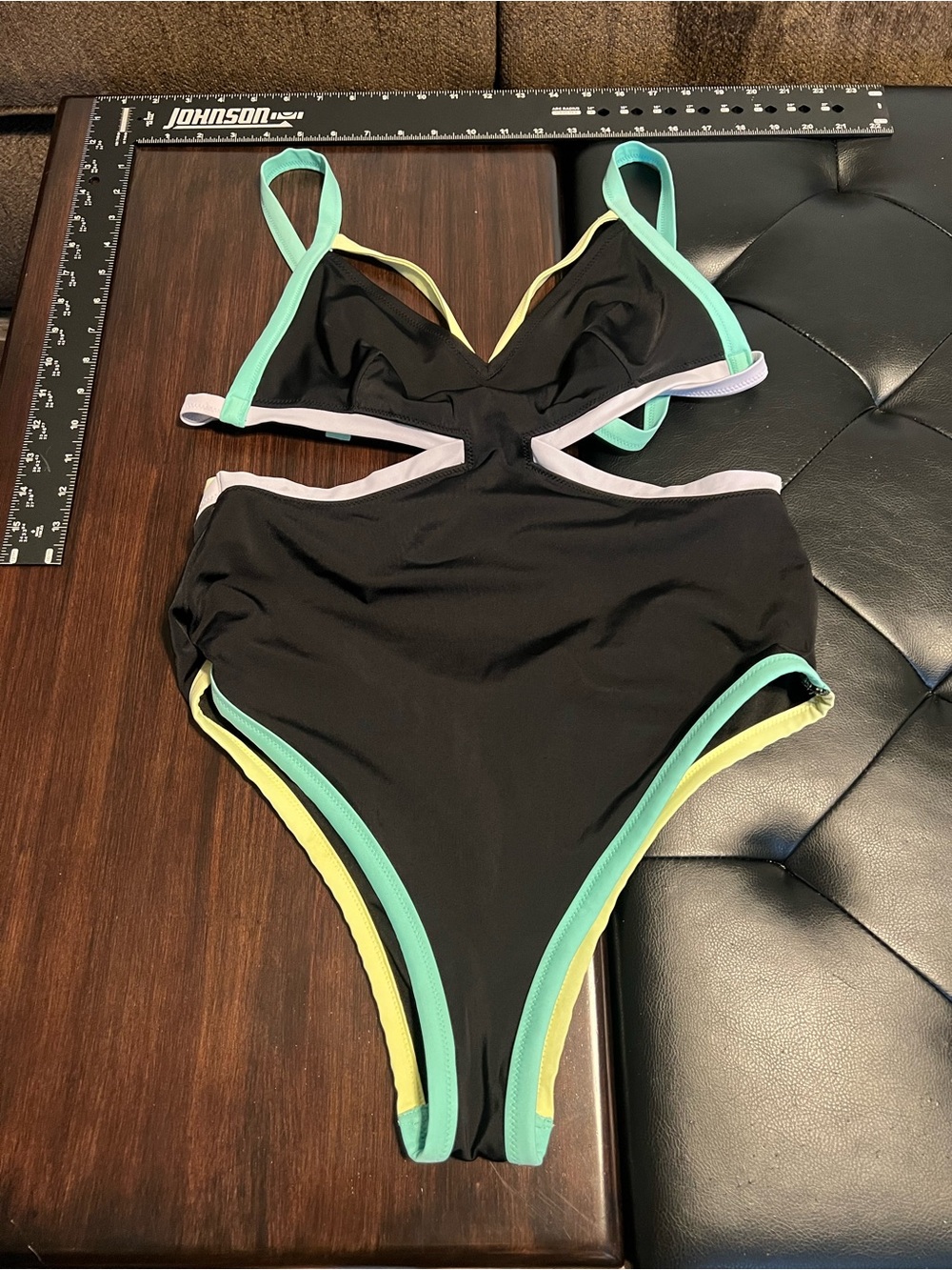 TREASURE! Victoria's Secret Black One-Piece with Mint, Yellow & Lavender Trim